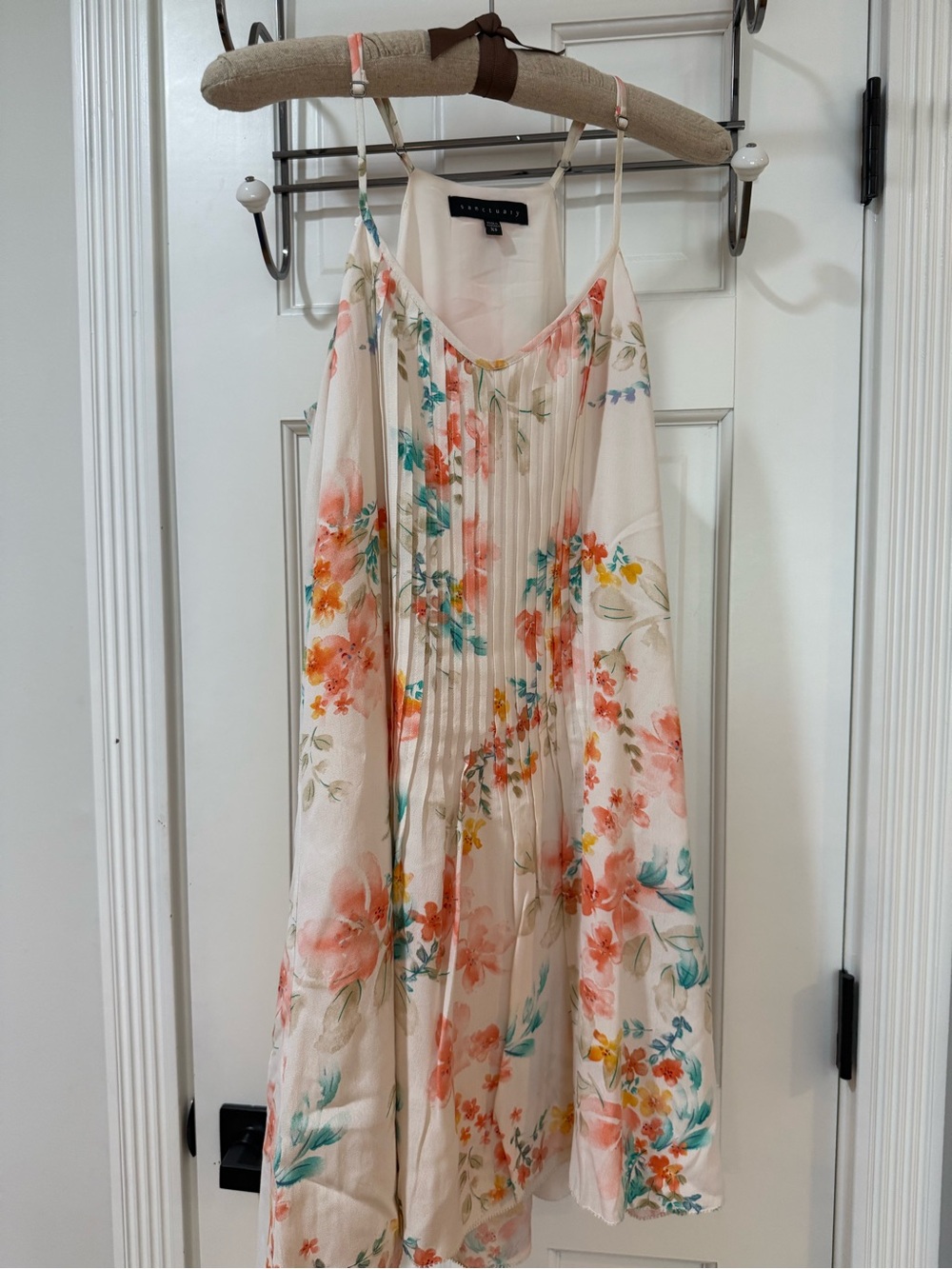 Sanctuary Cream Floral Pintuck Slip Dress with Coral & Teal Accents